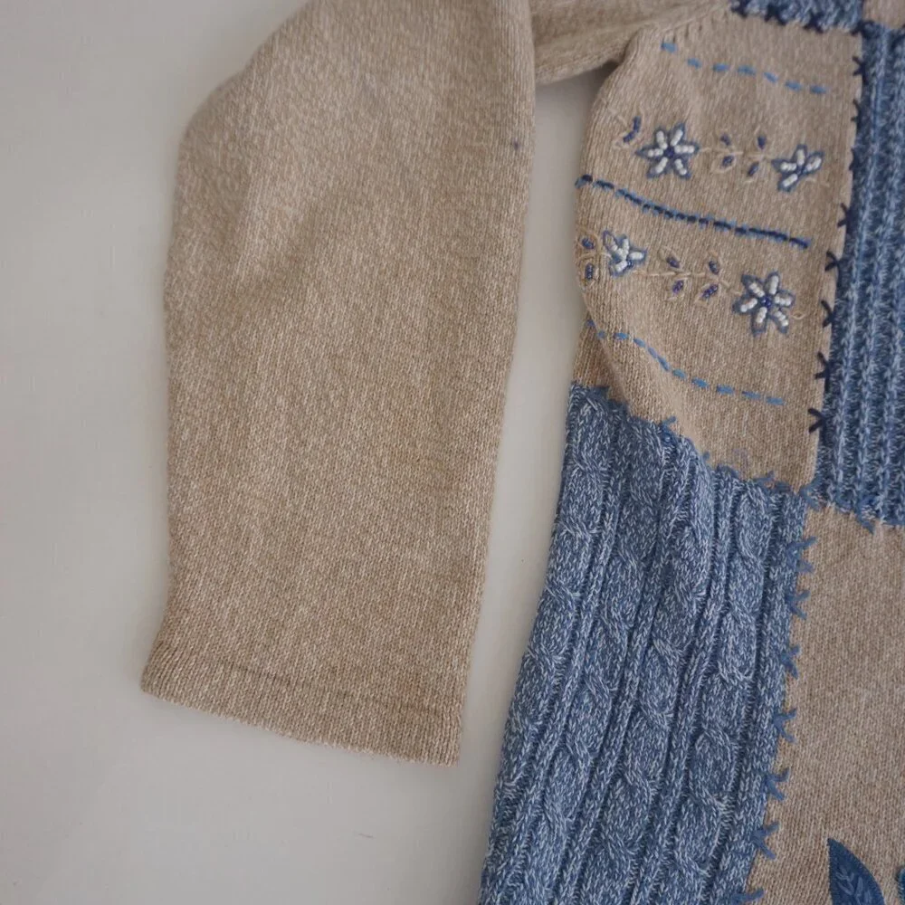 Alia Beige Blue Embroidered Floral Knit Zip Up Cardigan Sweater Large - Picture 9 of 14